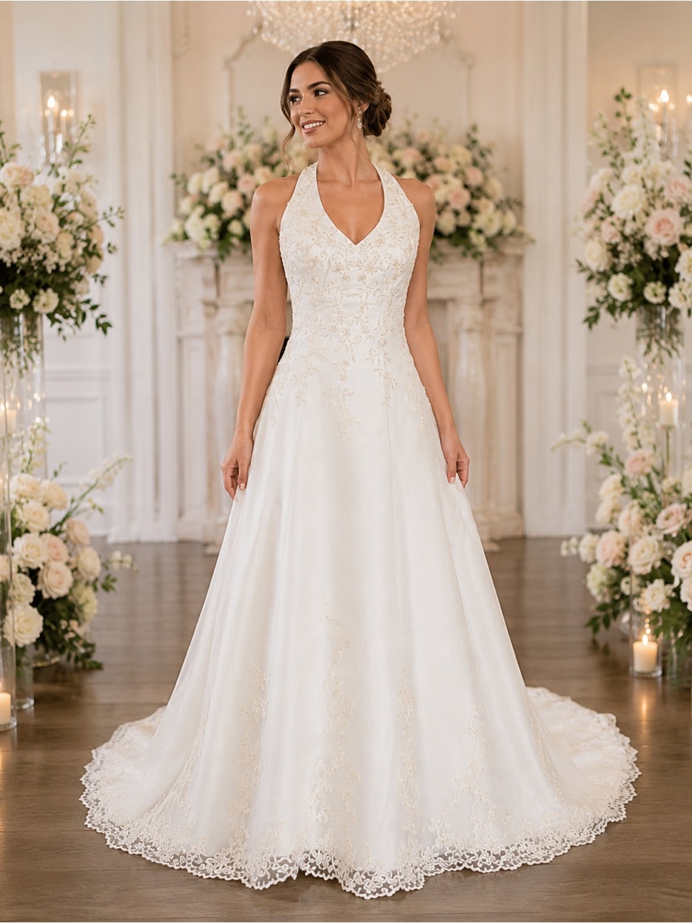 NWT Wedding Dress Light Ivory Lace Halter Wedding Gown Size 6